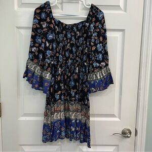 Angie Black Blue Floral Print Bell Sleeve Square Neck Women's Dress Tunic Top
